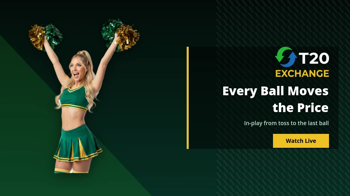 T20 Exchange in-play board with live cricket rates updating every ball